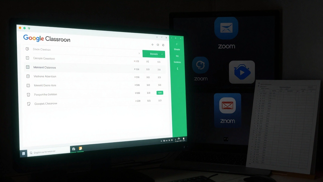 Google Classroom interface compared to a cluttered mix of separate educational apps and paper checklists.