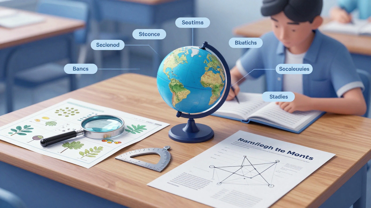 Student desk with science tools and study materials arranged neatly