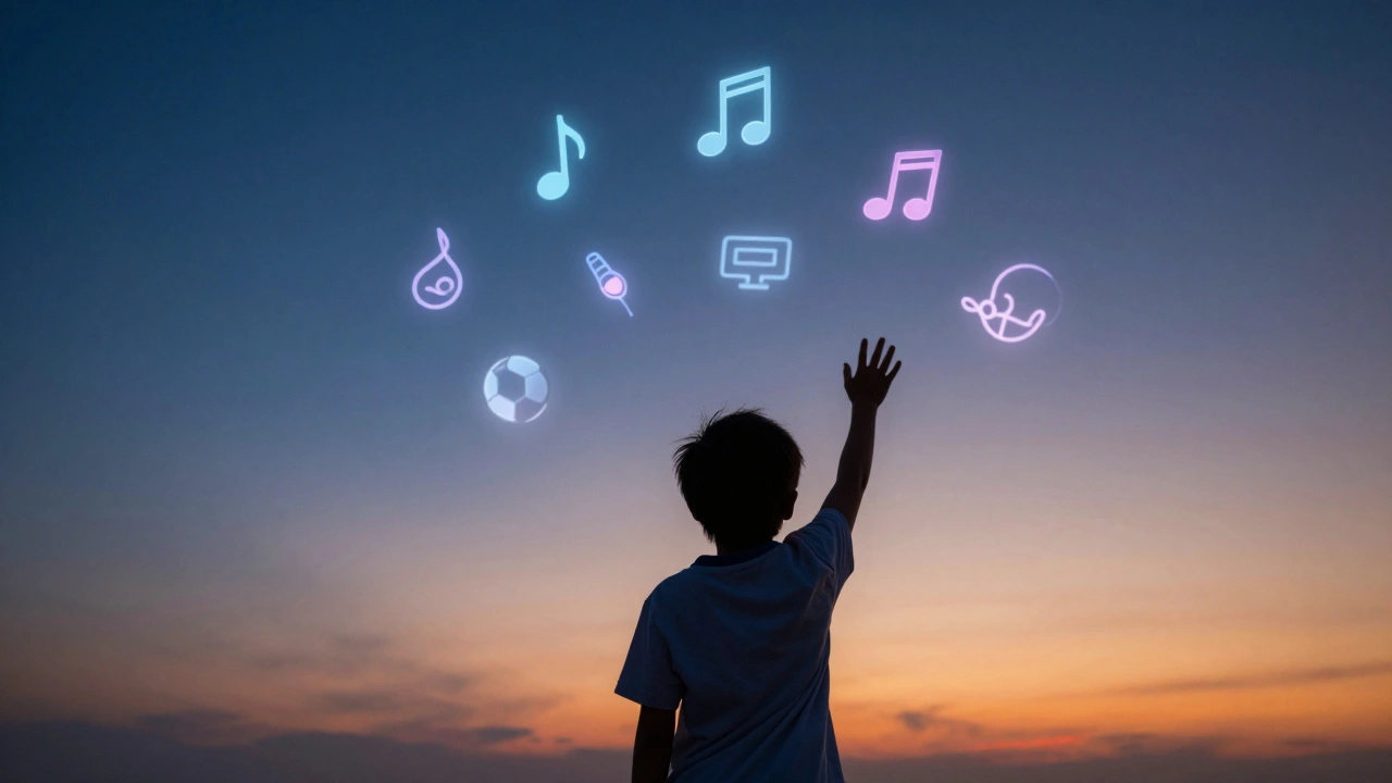 Student reaching for future skills represented by glowing abstract symbols.