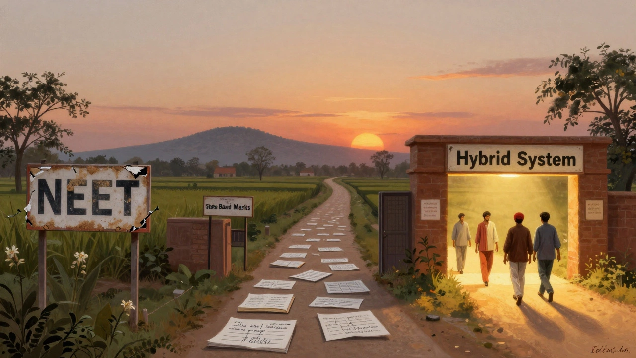 Three paths to medical college in rural Punjab, with one glowing path marked by state board marks and handwritten notes.