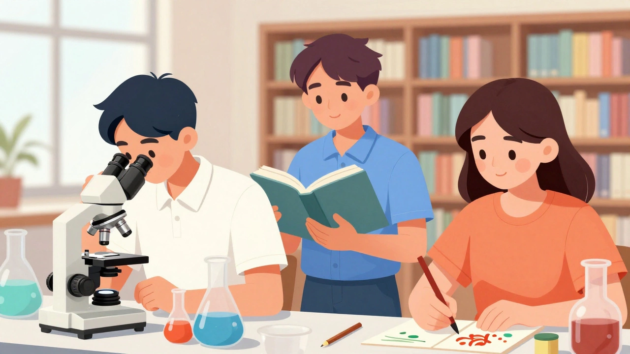 Three students engaged in science, reading, and crafts activities.