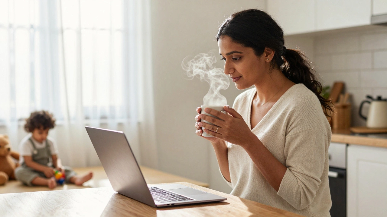 Working mother studying online while balancing family duties.