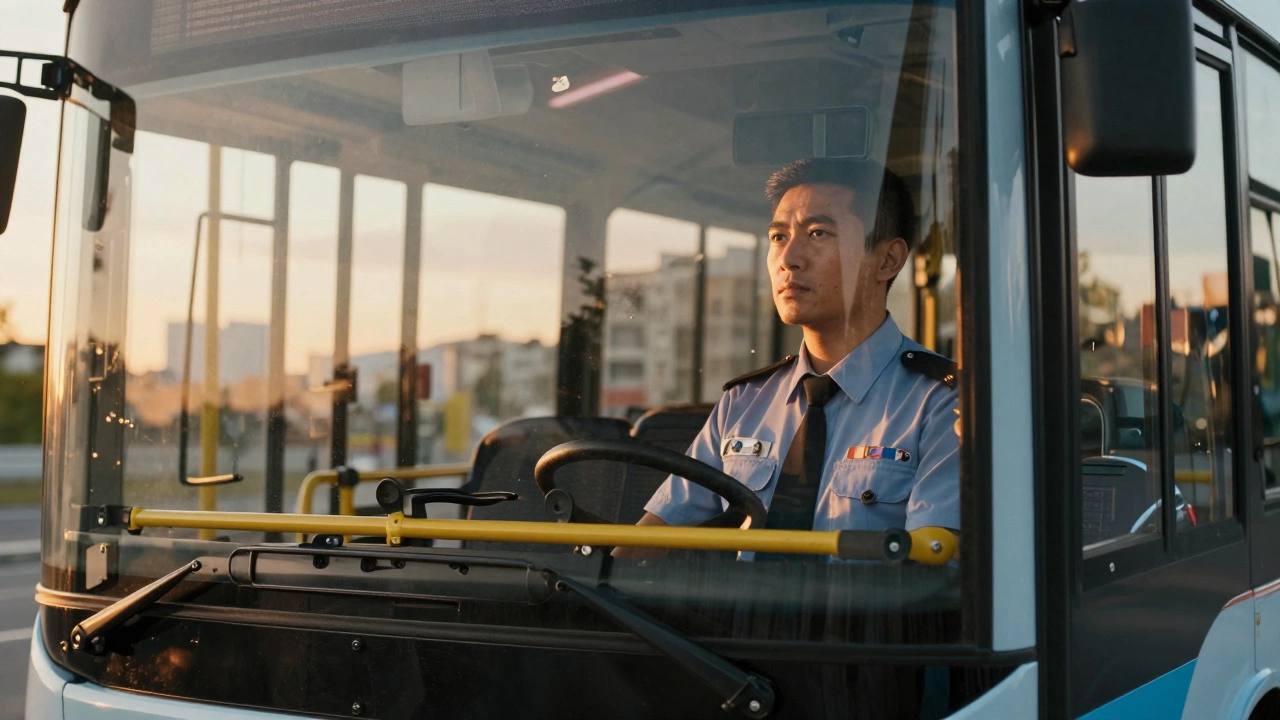 A professional bus driver operating a city transit vehicle at sunset.