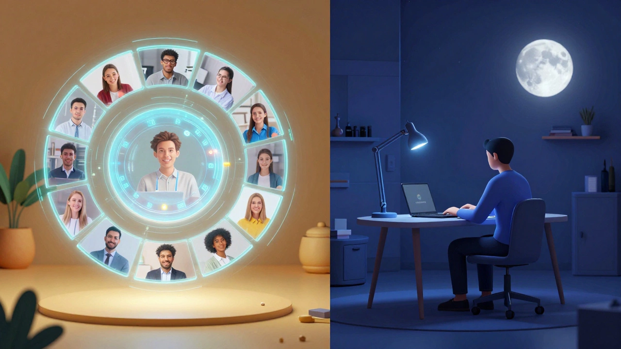 A split scene showing a live virtual group meeting and a person studying alone at night.