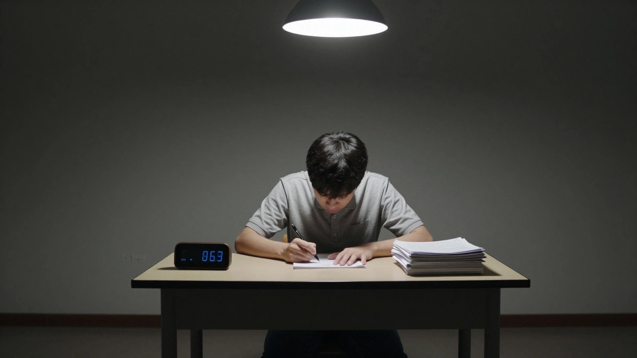 A student taking a timed mock exam alone in a quiet room with a timer and papers.