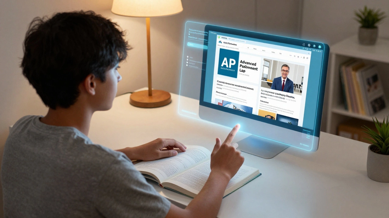 A student using a physical textbook and a holographic online course for hybrid learning