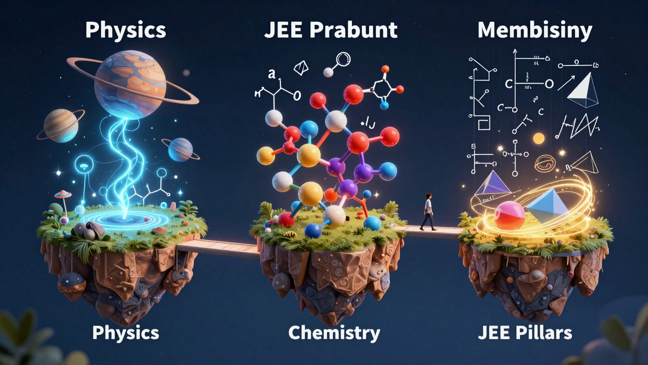 Conceptual art showing the interconnected worlds of Physics, Chemistry, and Mathematics.