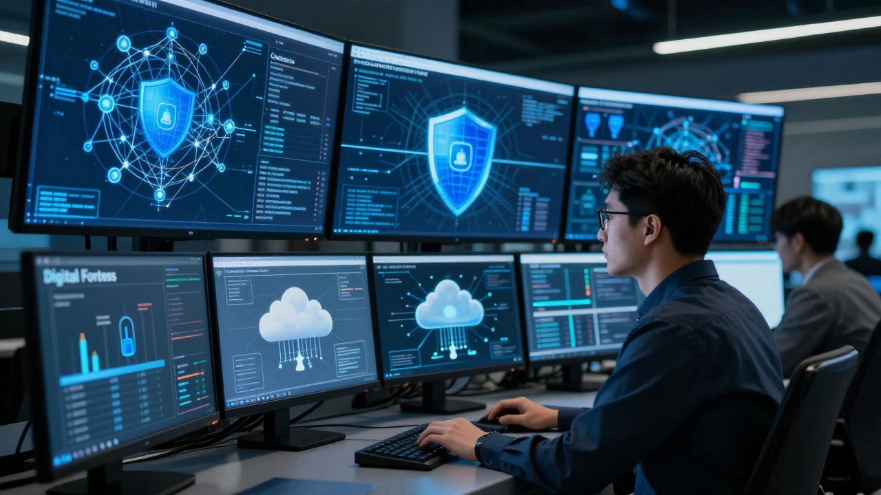 Cybersecurity professional monitoring network security and cloud architecture in a high-tech command center.