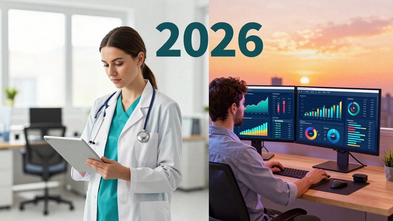 Split view of a healthcare administrator and a digital marketer in their respective modern workspaces.