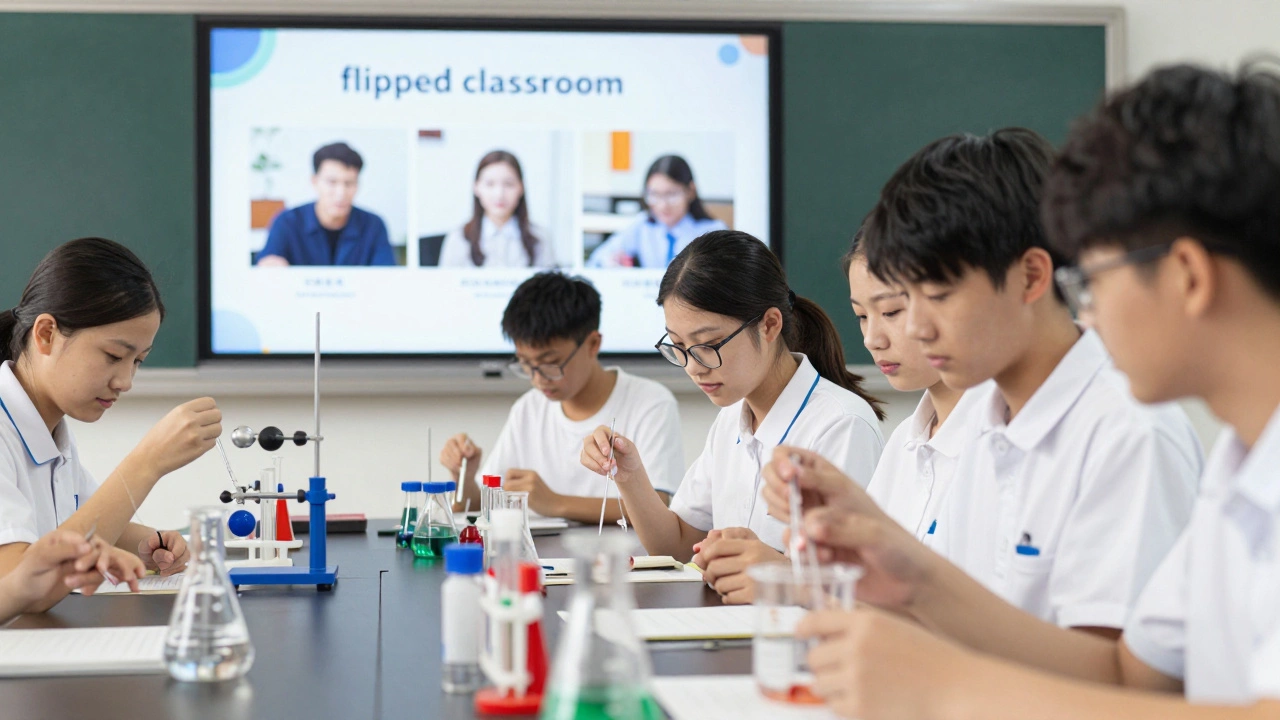 Students doing a hands-on science experiment in a classroom with an educational video on a screen.
