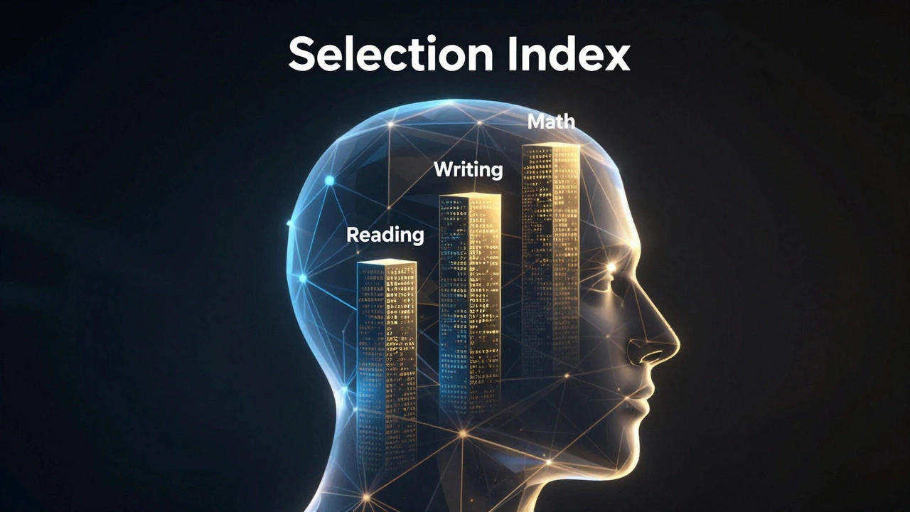 Abstract illustration showing reading, writing, and math pillars forming a selection index