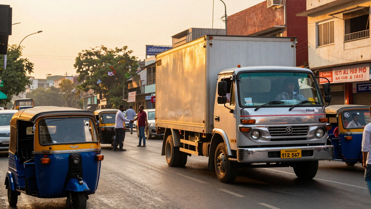 Commercial truck driving through a busy Indian city street