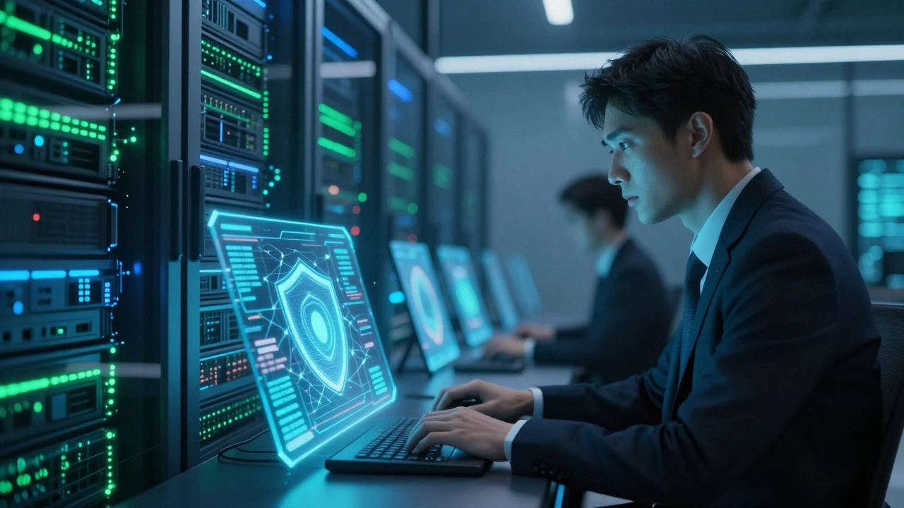 Cybersecurity expert monitoring network defenses in a high-tech server room