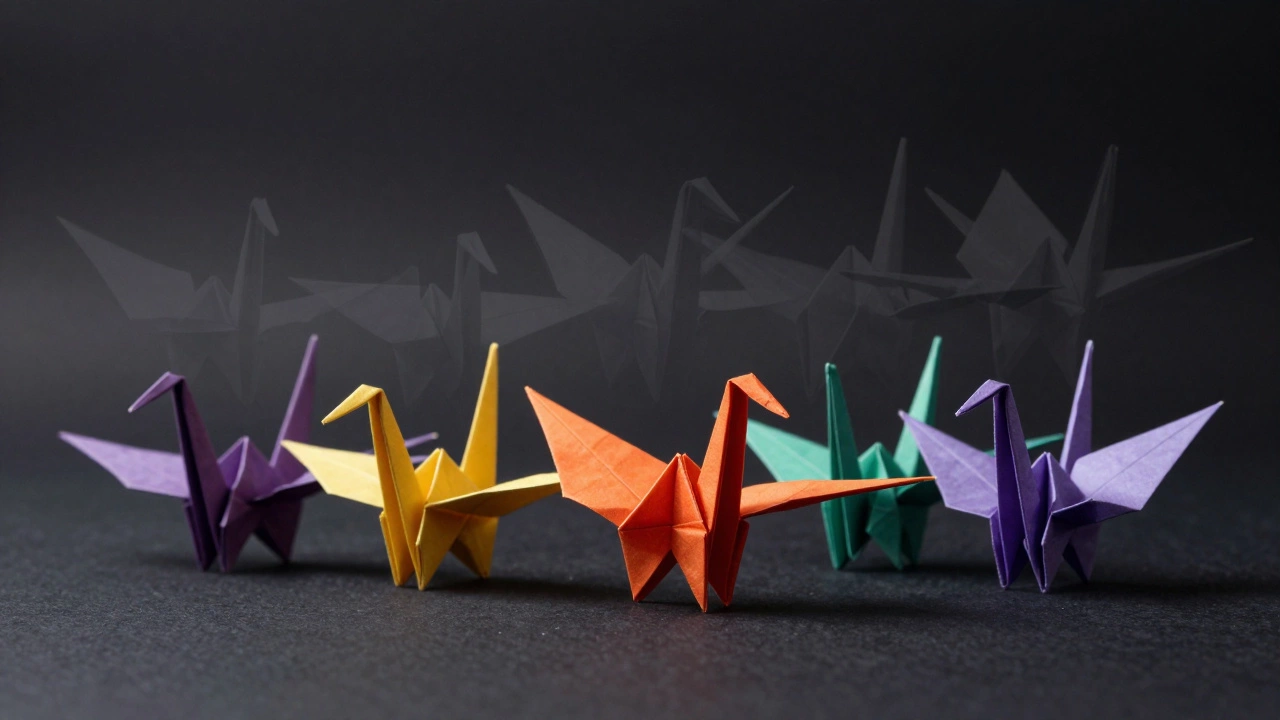 Five vibrant origami cranes symbolizing quality over quantity