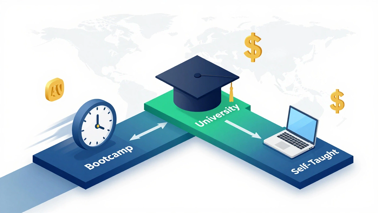 Illustration comparing bootcamp, university, and self-taught coding education paths