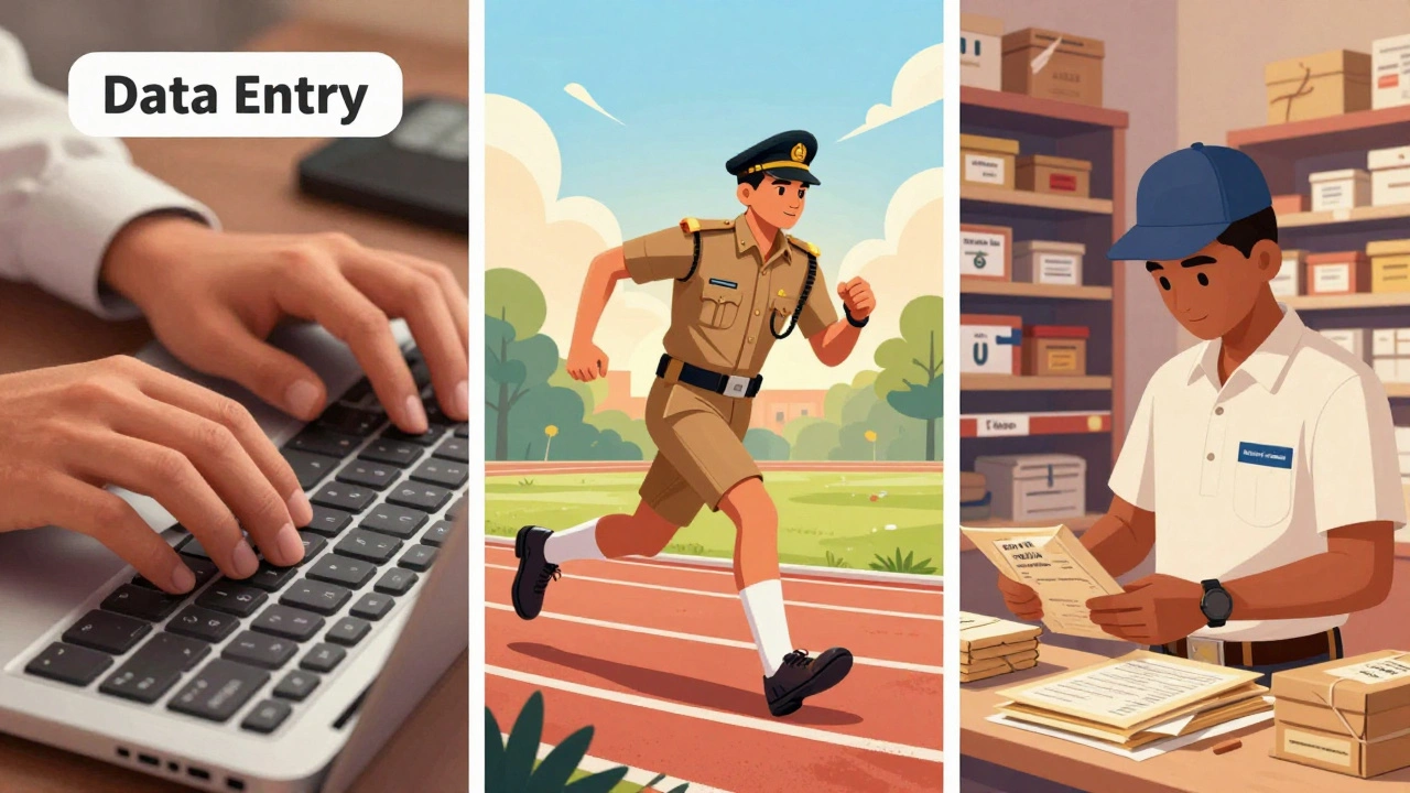 Illustration of data entry, police fitness, and postal work as career paths.