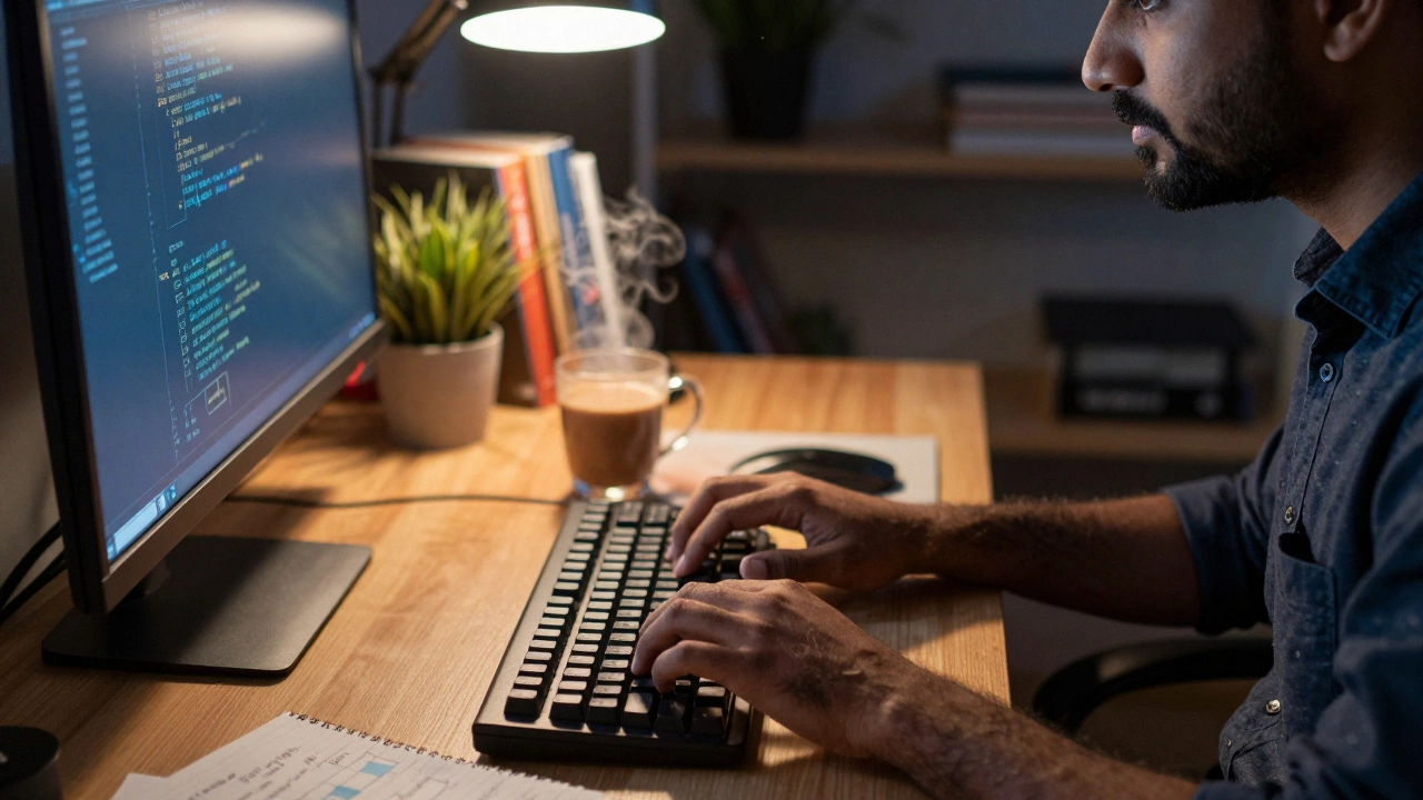 Indian developer coding late at night with chai and study notes