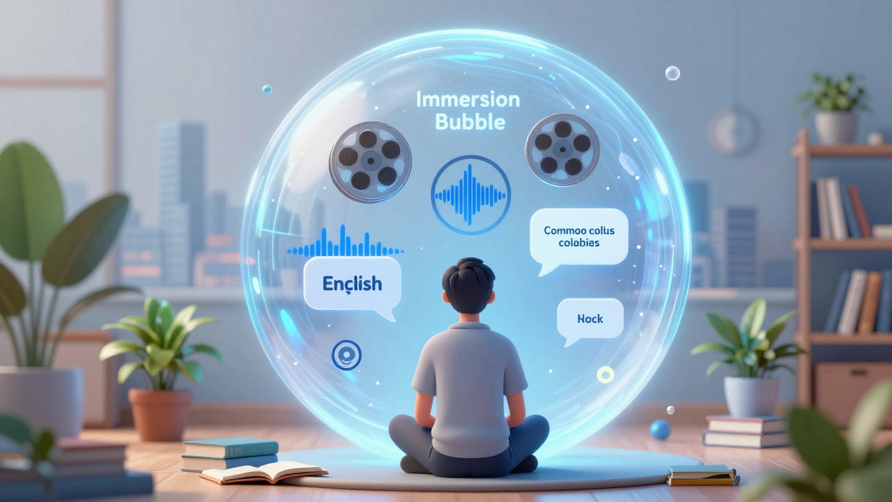 Person inside a glowing immersion bubble surrounded by English media icons