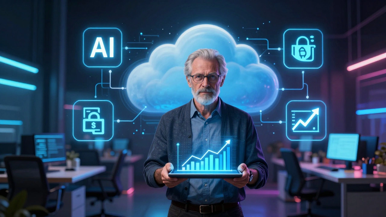 Senior engineer surrounded by glowing AI and blockchain technology icons
