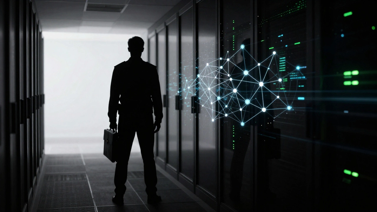 Silhouette of a spy with a digital network reflection in glass
