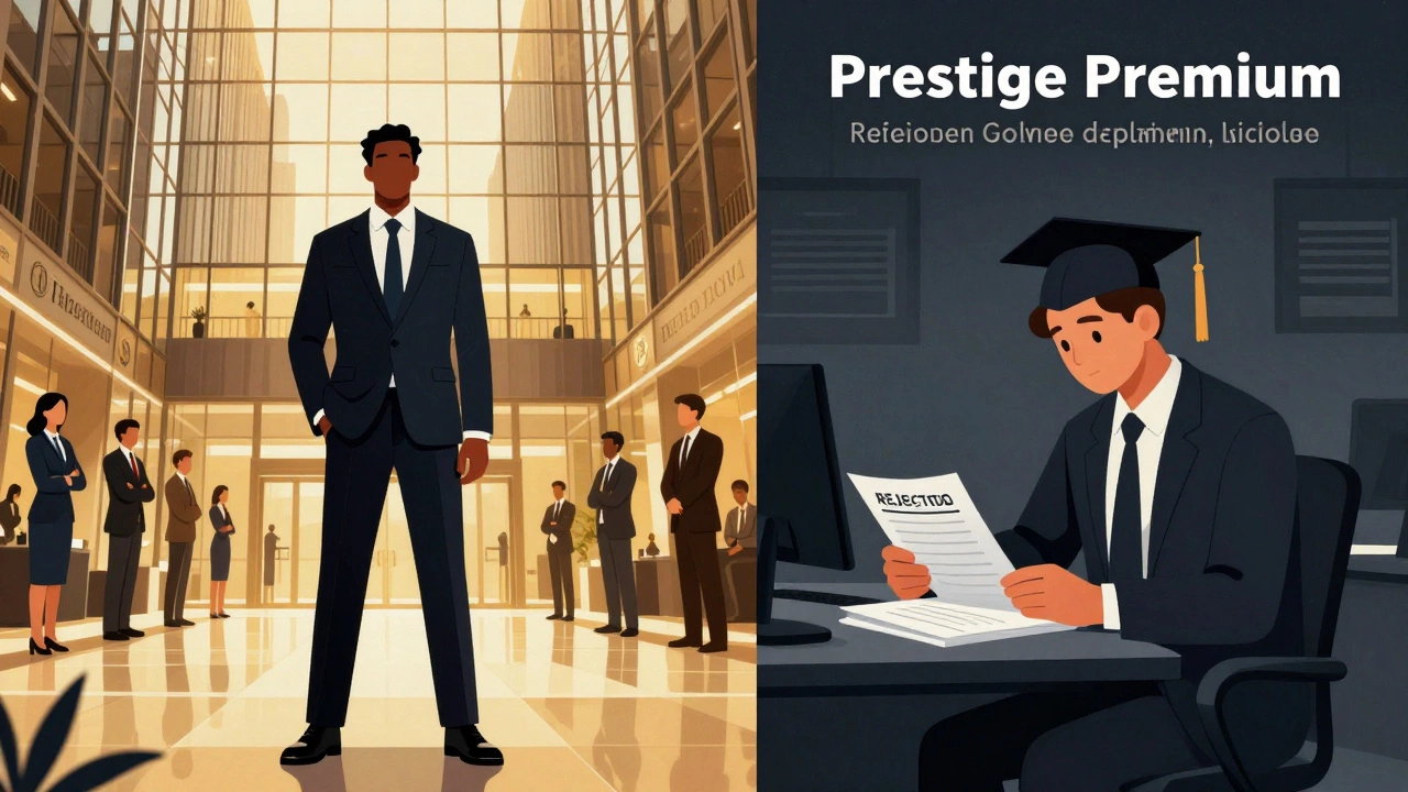 Split image contrasting high-paying jobs for top MBA grads vs struggles for others