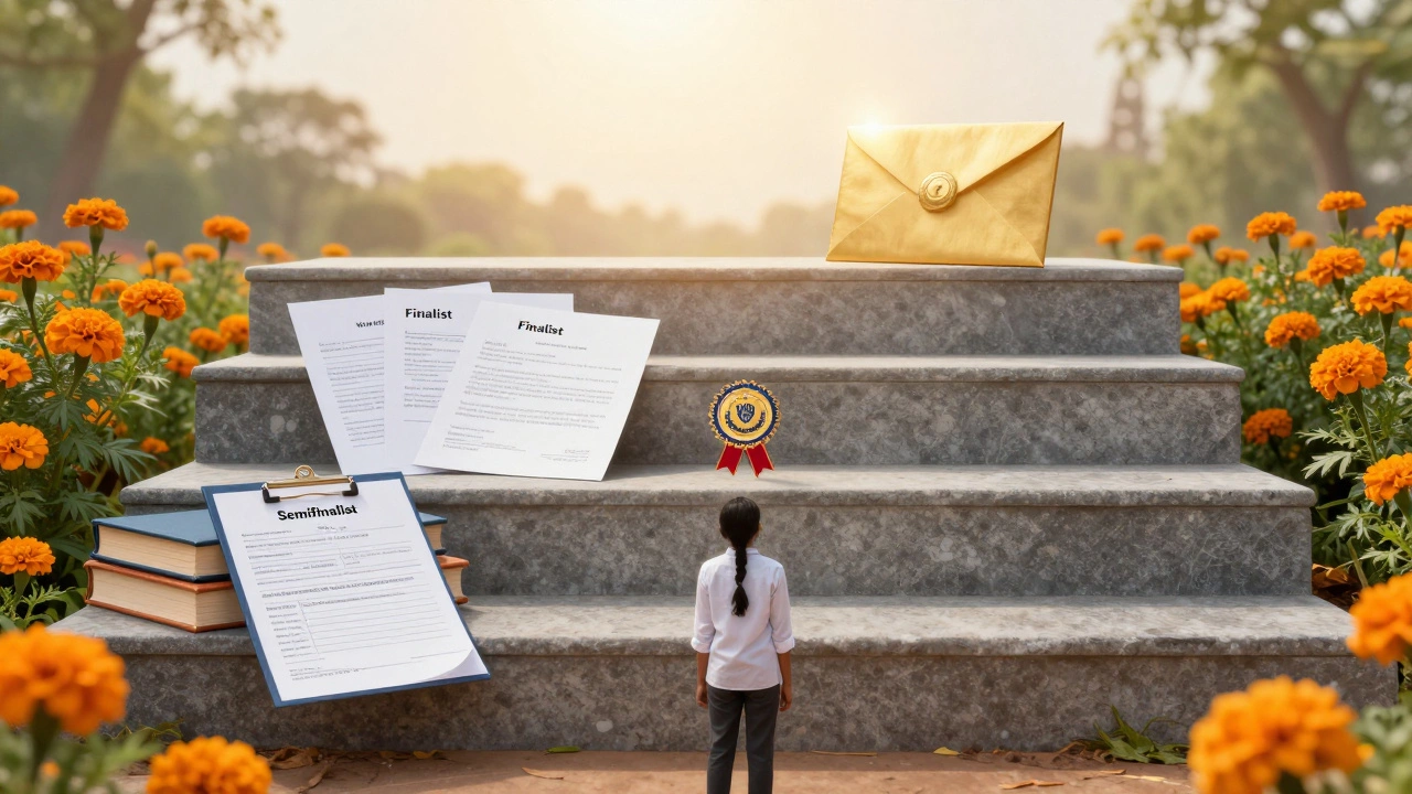 Three ascending steps symbolizing semifinalist, finalist, and winner stages of scholarships