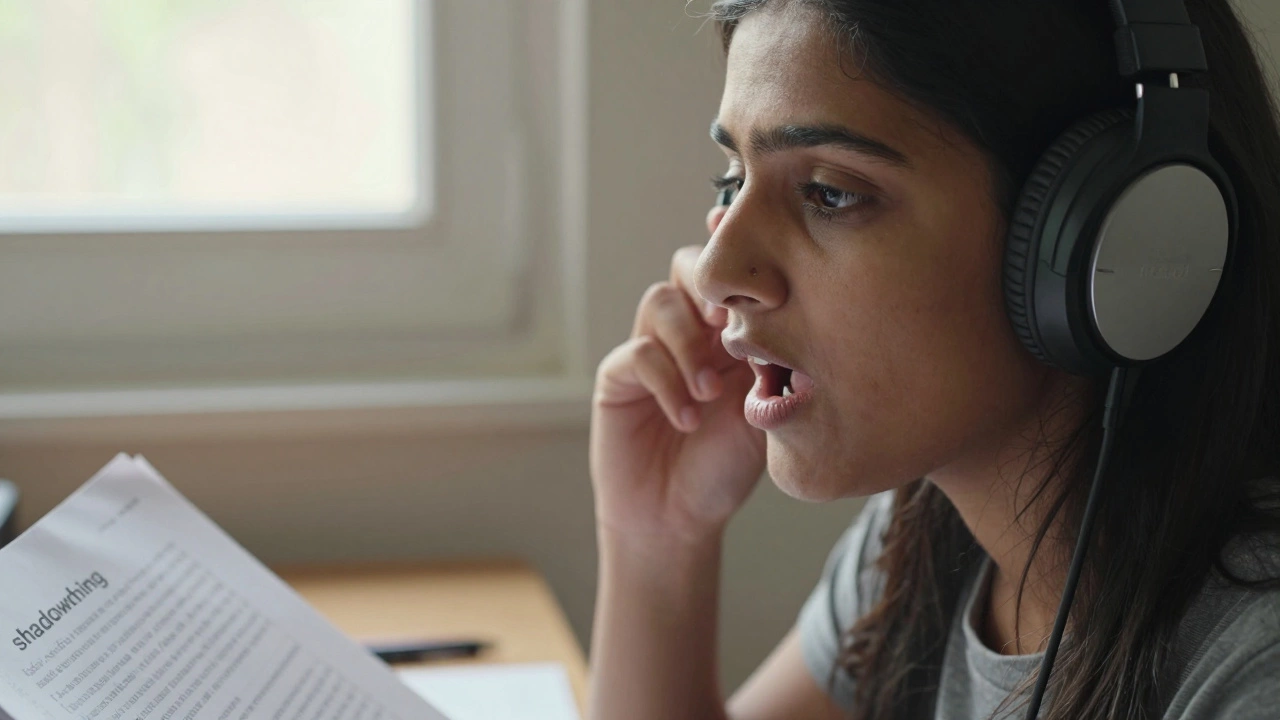 Woman wearing headphones practicing shadowing technique with a transcript