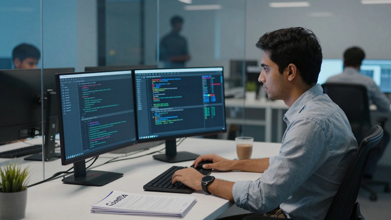 Young professional studying for IT certification in a modern office
