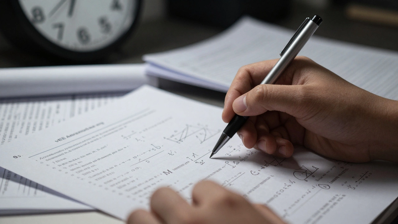 Close-up of hand solving complex math problems on a test paper
