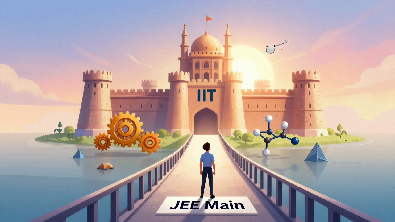 Conceptual art of JEE Main bridge leading to IIT fortress