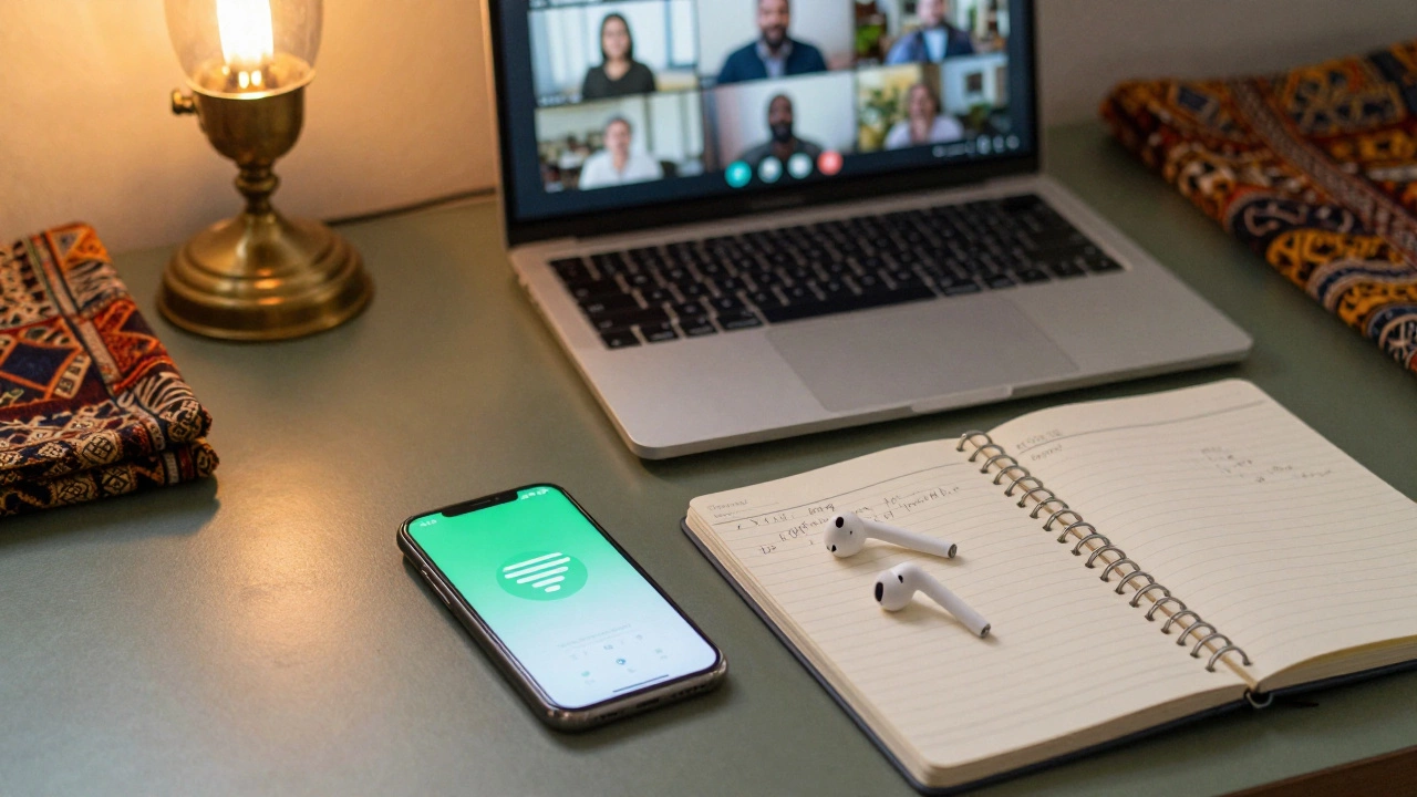 Desk setup showing smartphone, earbuds, and notebook for daily study