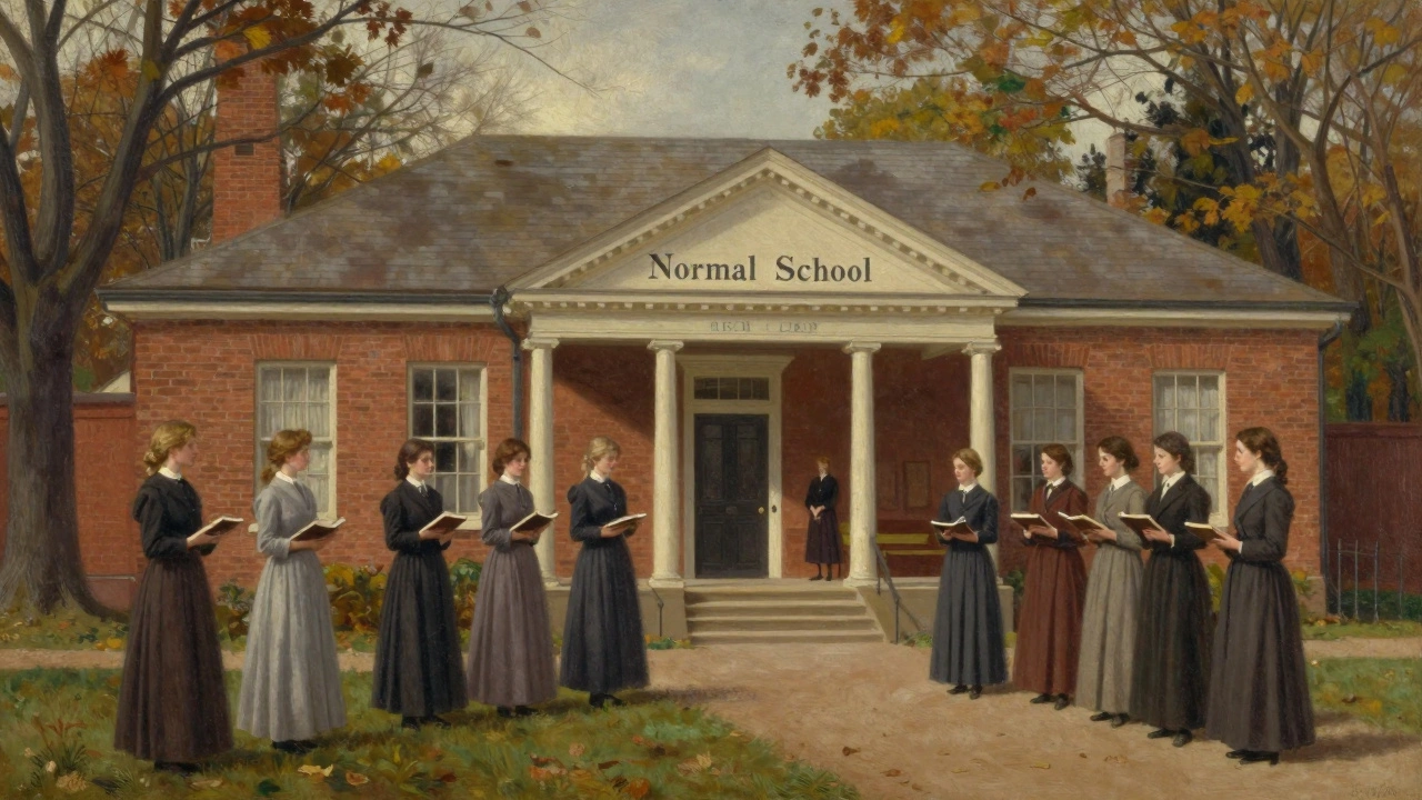 Historical painting of 19th-century Normal School students outside