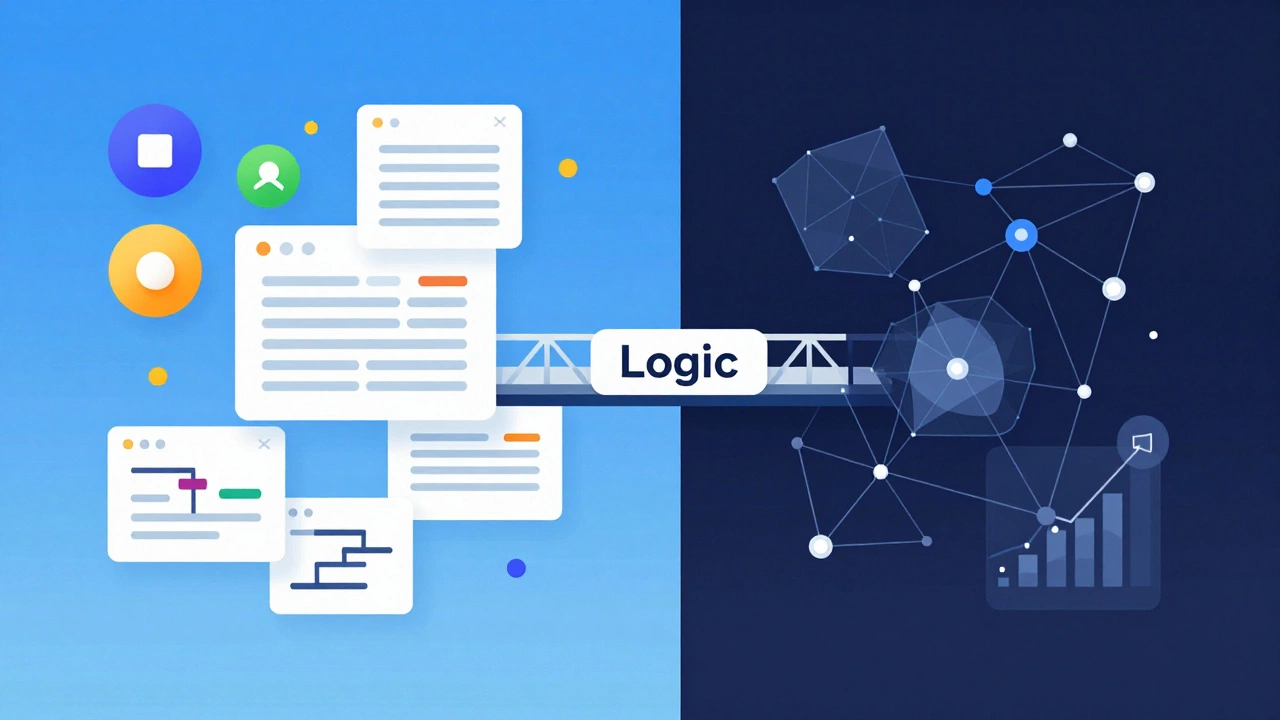 Illustration contrasting simple web dev tasks with complex data science via a logic bridge.