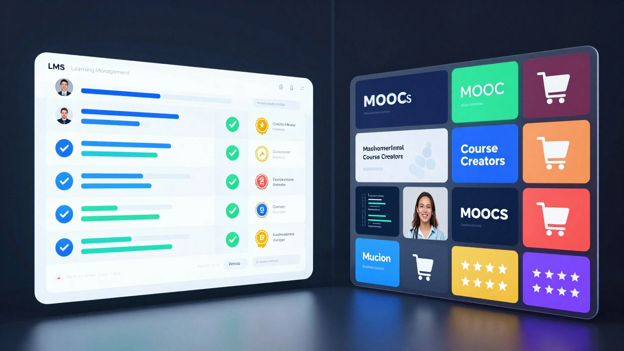 Split view comparing structured LMS tracking with open MOOC marketplaces