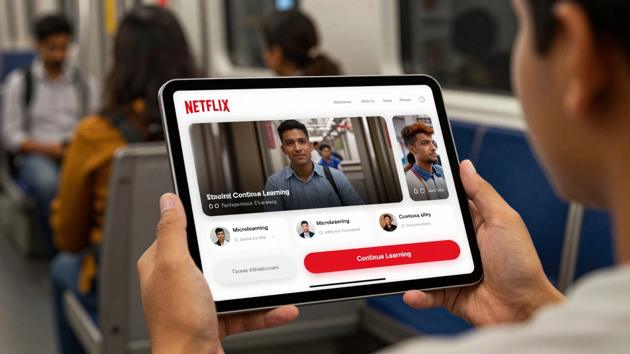 Student using simplified, mobile-friendly e-learning app on a train