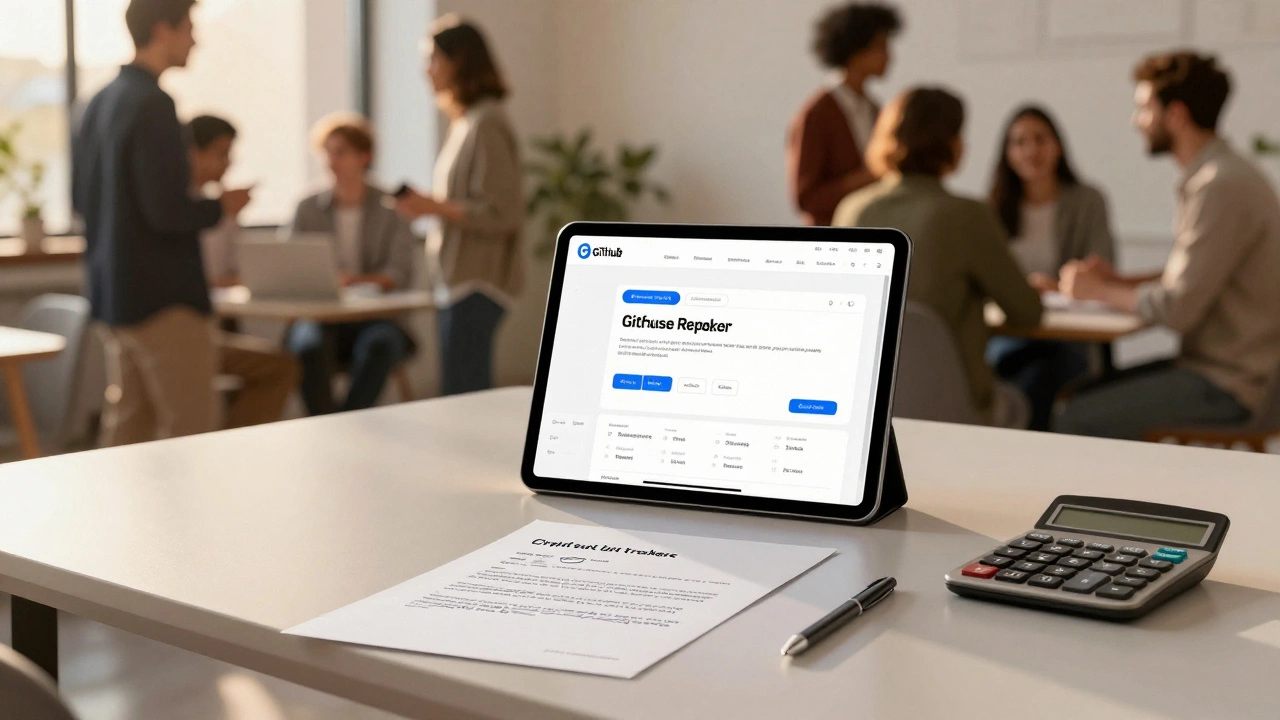 Tablet showing portfolio project and contract on desk