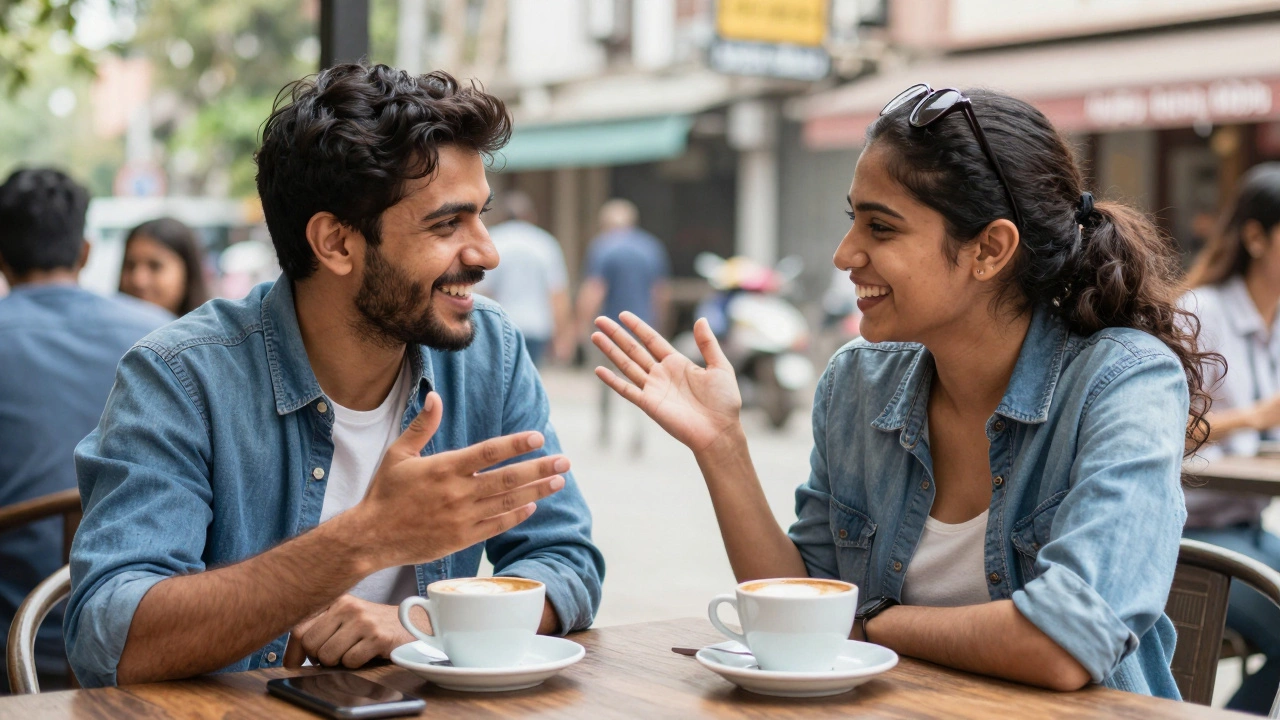 Two friends laughing and talking confidently at an outdoor cafe