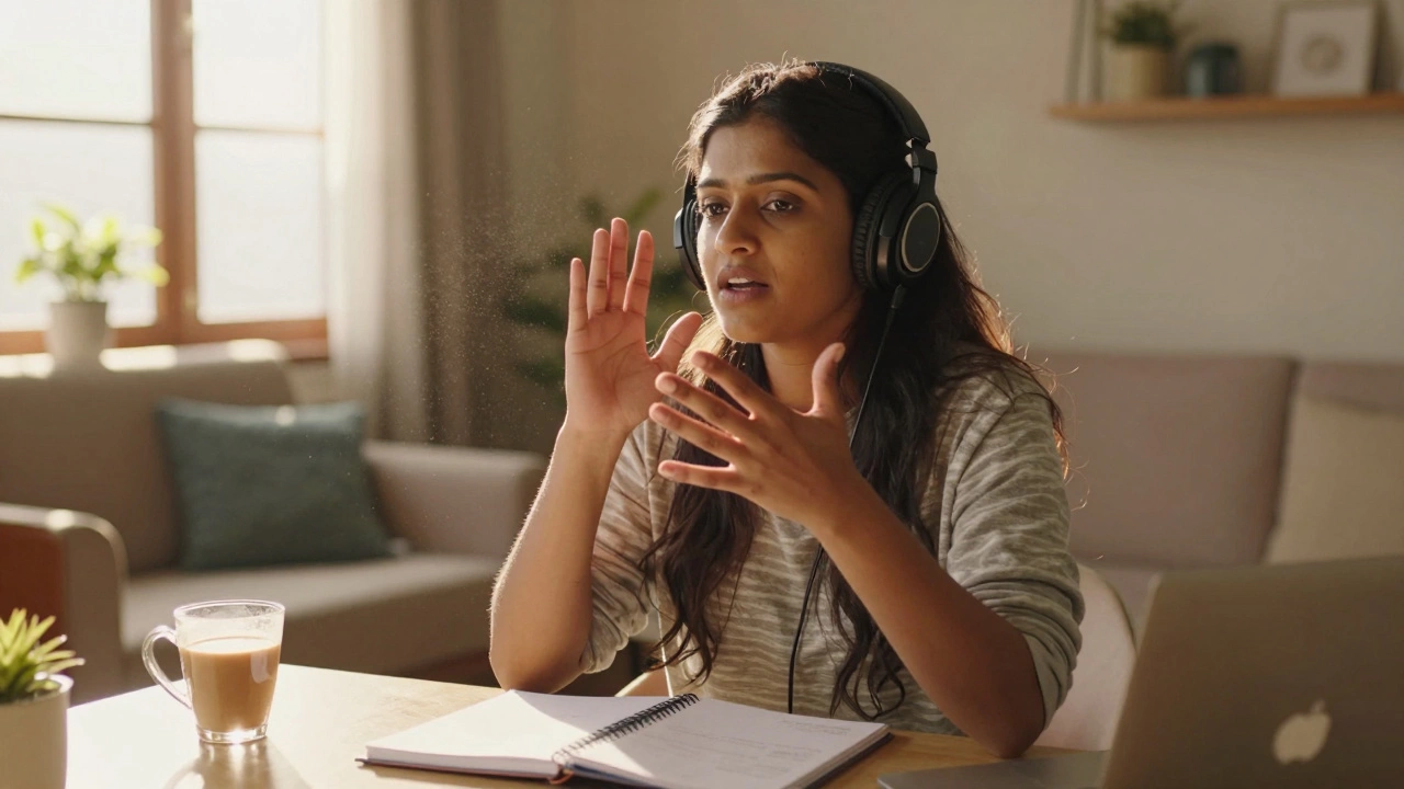 Woman practicing English speaking skills alone in a sunny room