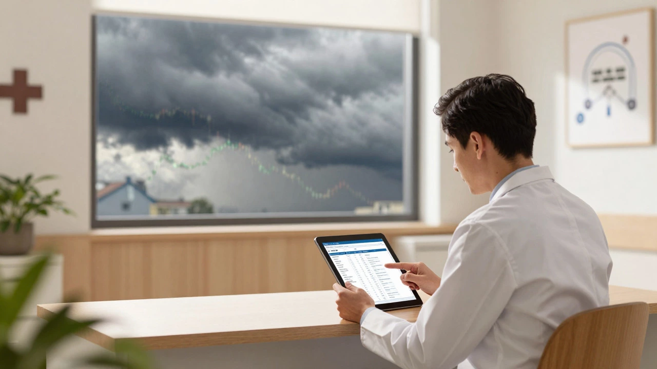 Calm hospital administrator working inside while storm rages outside window