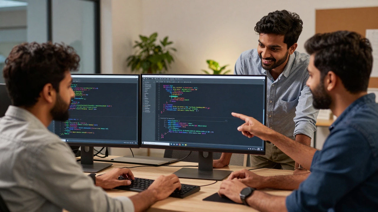 Developers collaborating and debugging code together in office