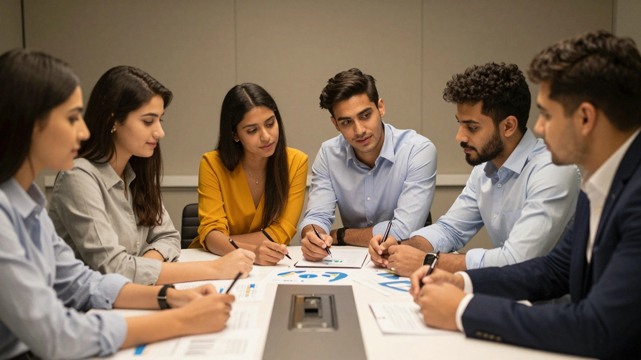 Diverse group of business students collaborating and networking in class
