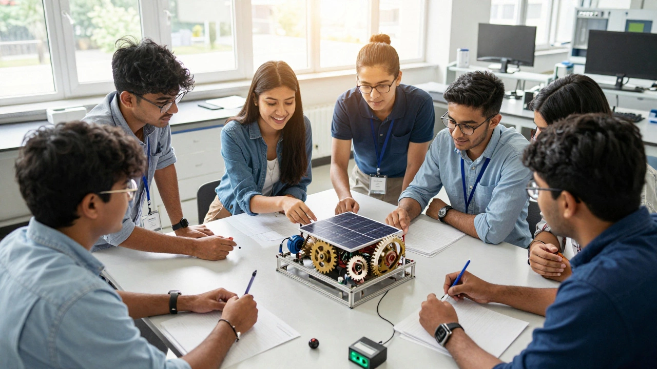 Engineering students collaborating on a robot prototype
