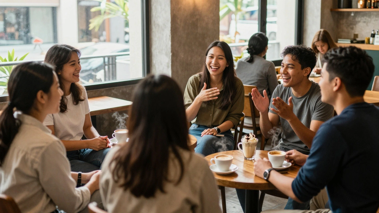 Group of friends having a lively conversation in a cozy cafe