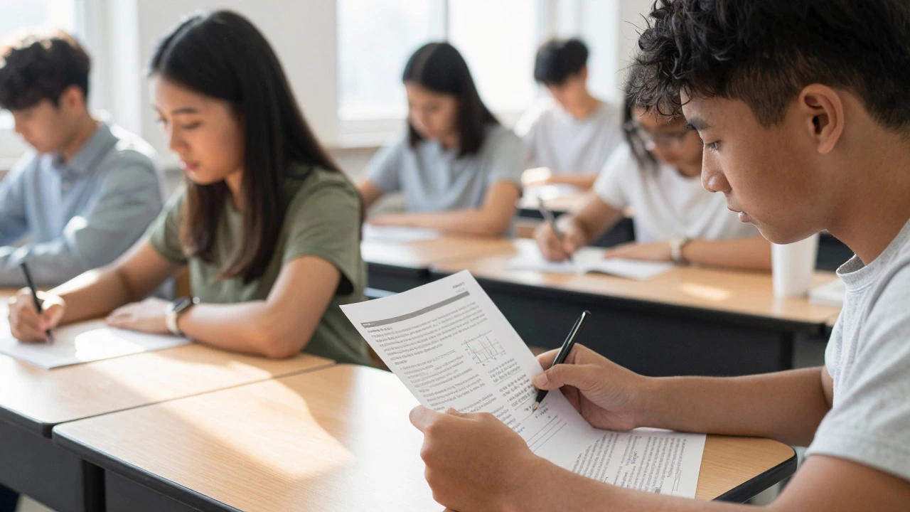 High school students taking different standardized tests in a classroom
