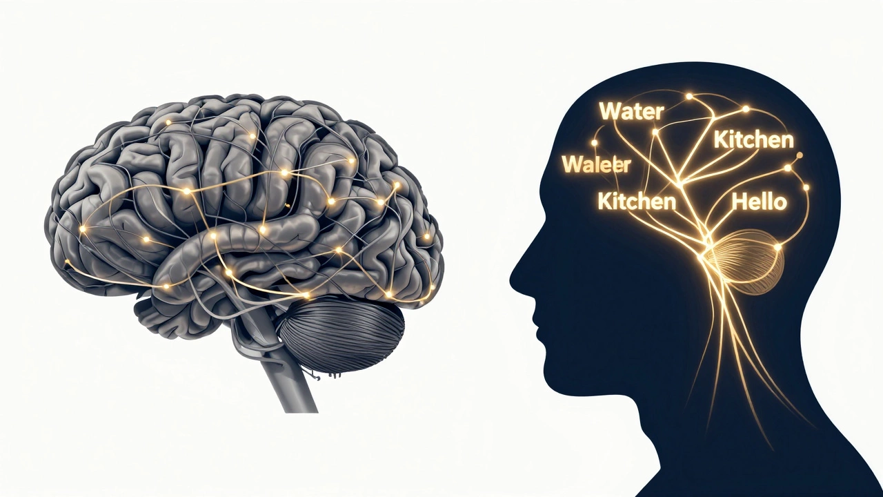 Illustration of brain neural pathways connecting directly to English words