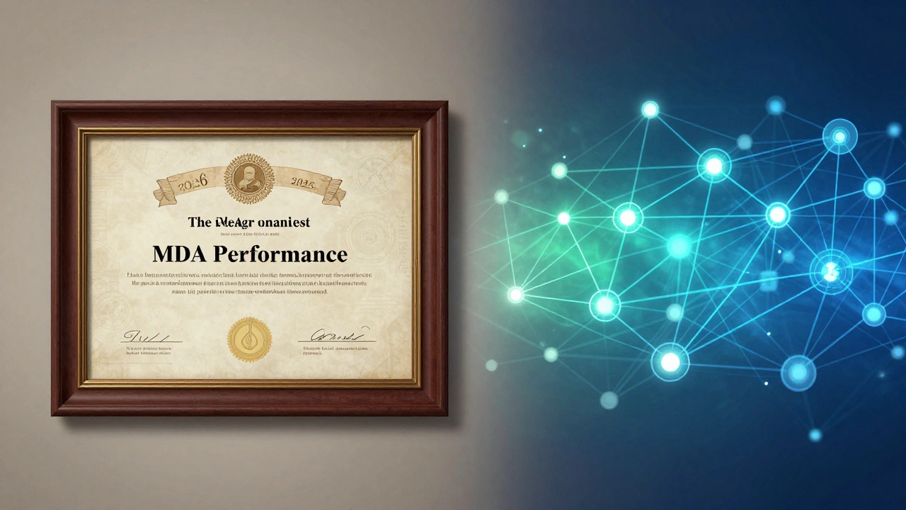 Illustration showing shift from old diplomas to modern skill-based networks