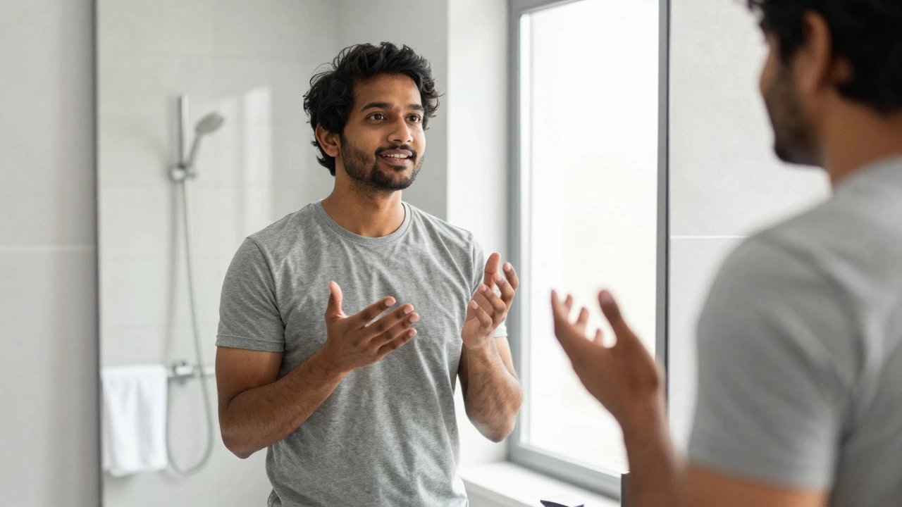 Man practicing speaking in front of a mirror to build confidence