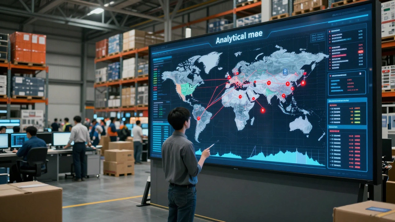 Operations student analyzing chaotic supply chain data on screens