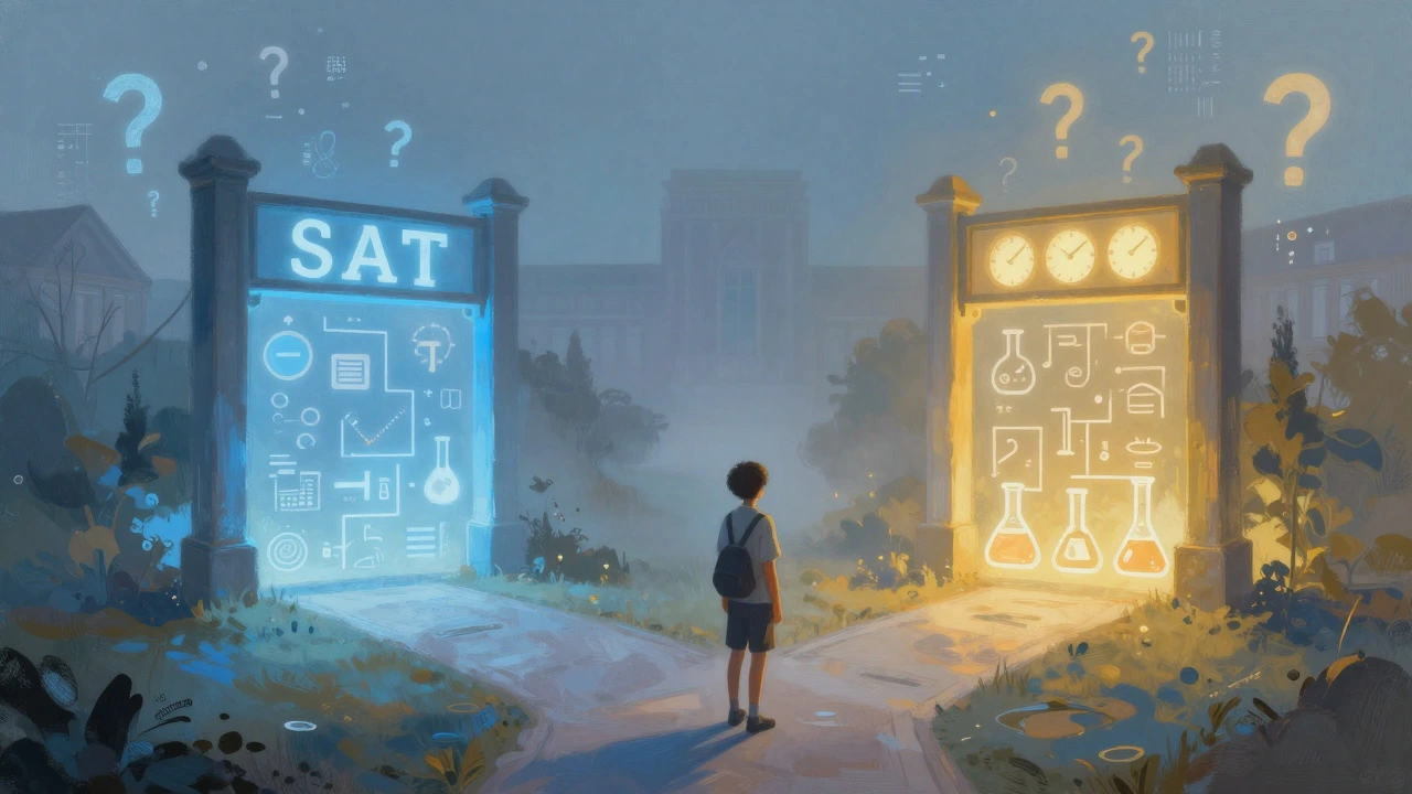 Student choosing between SAT and ACT paths in a symbolic landscape