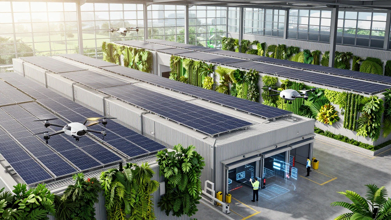 Sustainable warehouse with drones and green energy for resilient logistics